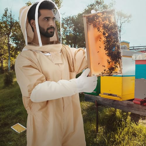 Professional Bee Suits for Men Women Sting Proof with Gloves & Veil Hood Beekeeper Hat, Beekeeping Jacket, Full Body Apiarist Suit for Backyard Beekeepers Bee Keeper Catcher(XL) - color: Apricot