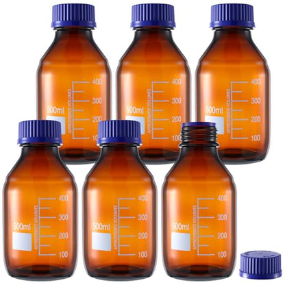 Tellegloww 6 Pieces 500 ml Reagent Media Bottles Amber Glass Graduated Round Lab Reagent Media/storage Bottle with Blue Screw Cap - size: 500 ml