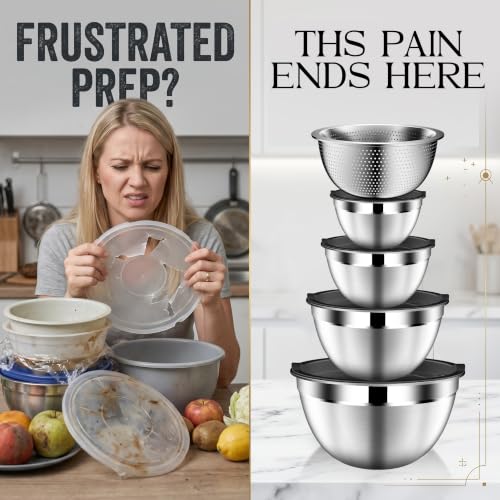 DUTZUN Mixing Bowls with Lids Set, Stainless Steel Mixing Bowls with Colander, Strainer with Mixing Bowl Set, Serving Bowl Kitchen Gift, Size 4.5, 2.5, 2, 1.5QT - Black - style: 9PCS Black