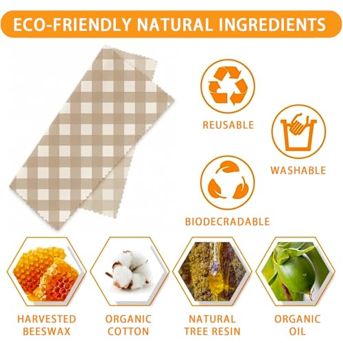 Reusable Beeswax Wrap, Flour Sack and Gingham Wraps, 9 Pack Sheets for Bread, Fruit, Bowl, Organic, Sustainable, Zero Waste, Plastic-Free Food Storage, 1XL, 3M, 5S - color: Beige Wheat Sacks