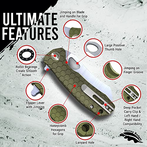 Honey Badger Knife - Flipper Wharncleaver Pocket Knife, EDC Hunting with 3.6" Steel Blade, Nylon+Glass Fiber Handle & Reversible Pocket Clip Medium Green HB1040 - color: Medium Wharncleaver Green