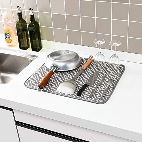 SUBEKYU Microfiber Dish Drying Mat for Kitchen Counter, Absorbent Dishes Drainer/Rack Pad for Countertop, 19.2 by 15.8 Inches (Rhombus), Grey, 1 Pack - color: Dark Grey 1P 19.2*15.8