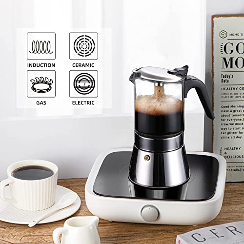 SIXAQUAE Moka Induction Stovetop Espresso Maker With Pressure valve,Crystal Glass-top & Stainless Steel Esprosso Moka Pot,240ml Classic Italian Coffee Maker - size: 240 ml - Pressure Valve