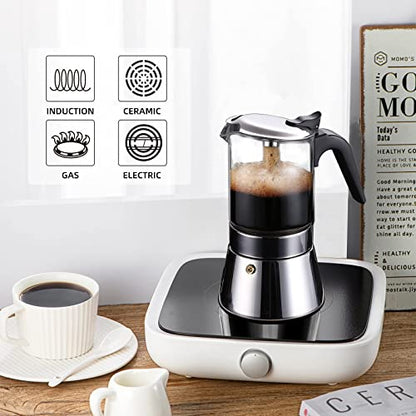 SIXAQUAE Moka Induction Stovetop Espresso Maker With Pressure valve,Crystal Glass-top & Stainless Steel Esprosso Moka Pot,240ml Classic Italian Coffee Maker - size: 240 ml - Pressure Valve