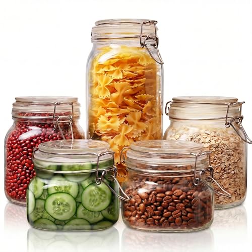 Multi Size - 5 Pack Square Glass Jars with Airtight Lid, Wide Mouth Mason Jars with Clamp Lids, Air Tight Glass Canisters, Best Food Storage Containers for Cereal, Pasta, Rice, Sugar, Coffee, Spice - color: Square-Multi Size Set- 5Pack