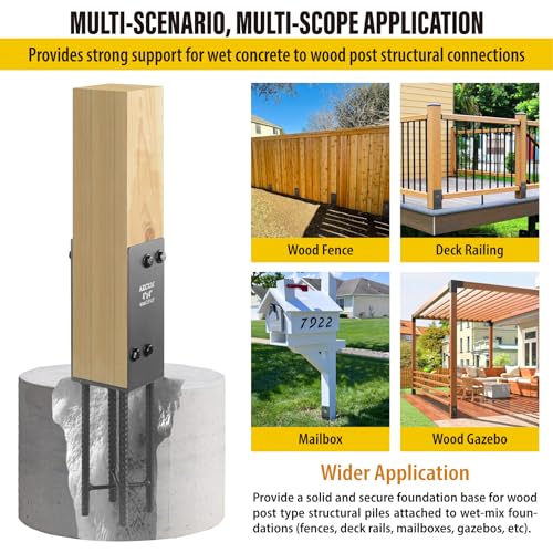 AECXM 4"x4" (Actually 3.5"x3.5") Heavy Duty U-Shaped Fence Post Holder Bracket, Wet Concrete Post Bracket, for Deck railings, Fences, mailboxes, gazebos Wet Concrete Foundation Support (Black-8Pack) - size: 4″x4″(Actual 3.5″x3.5″)