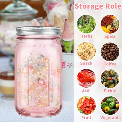 CARBLIN 2 Pack Mason Jars 32 oz, Wide Mouth Canning Jars with Airtight Lids, Glass Pint Jars with Bands Labels Brush, Large Storage Quart Jars for Jam Fermenting Preserving - Pink - color: Pink