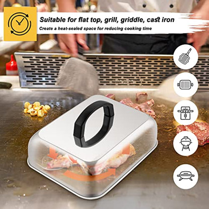 HaSteeL 9x7in Melting Dome & 8x4in Grill Press, Rectangular Basting Steaming Cover & Cast Iron Burger Bacon Press, Heavy Duty Griddle Tools Accessories for Flat Top Grilling Barbecue, Indoor & Outdoor - style: Rectangular Lid & 8" x 4" Press