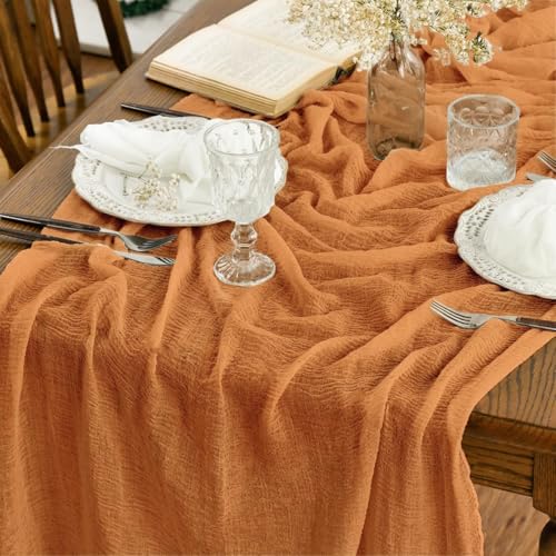 Artoid Mode Boho Cheesecloth Gauze Orange Wedding Table Runner, 120 Inch Seasonal Fall Thanksgiving Fabric Kitchen Dining Holiday Table Decor for Home Party Indoor - color: Orange, size: 120"