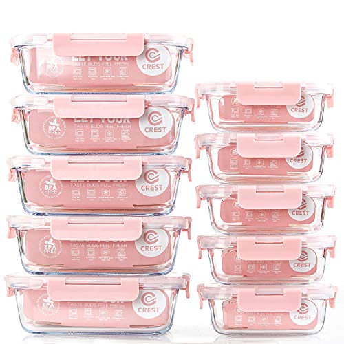 C CREST [10 Pack] Glass Meal Prep Containers, Food Storage Containers with Lids Airtight, Glass Lunch Boxes, Microwave, Oven, Freezer and Dishwasher Safe - color: Pink