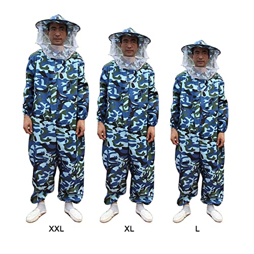 Bee Jacket,Professional Soft Beekeeping,Beekeeping Veil Protective Equipment,Full Keeper Suit with Beekeeper Hat for Men Women (Camouflage Blue XXL) - color: Camouflage Blue Xxl
