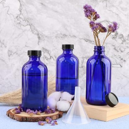 PINIWON 12 Pack 8 oz Cobalt Blue Glass Bottles, 240ml Boston Round Sample Bottles with Black Poly Cone Caps, Labels and Funnels - color: Cobalt Blue-12 pack