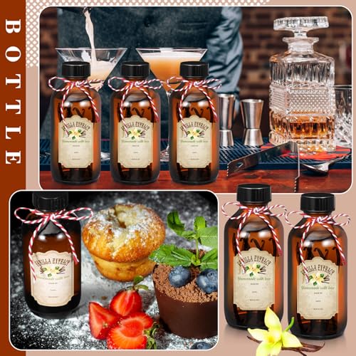 Uiifan 6 Pack Amber Glass Boston Round Bottles with Caps Brown Vanilla Extract Bottles and 6 Pcs Vanilla Extract Stickers for Syrup Gift Glass Food Storage Canister Set Sauce Beans(8 oz) - size: 8 Ounces
