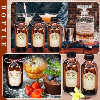 Uiifan 6 Pack Amber Glass Boston Round Bottles with Caps Brown Vanilla Extract Bottles and 6 Pcs Vanilla Extract Stickers for Syrup Gift Glass Food Storage Canister Set Sauce Beans(8 oz) - size: 8 Ounces