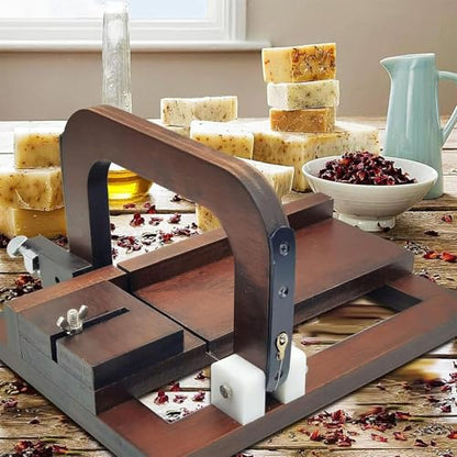 Adjustable Black Walnut Soap Cutter with Steel Wire, DIY Soap Slicing Tool, Includes 10 Replaceable Wires & Size Scale for Handmade Soap Making