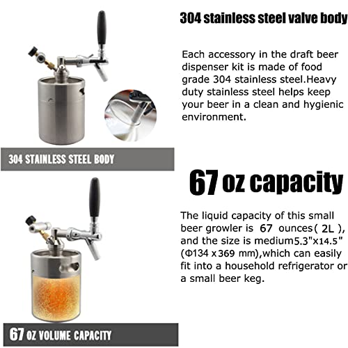 Mini Stainless Steel Beer Keg,Portable Home Dispenser System to Keep Fresh for Home Kitchen Brewing Beer,Keeps Carbonation for Craft Beer Draft and Homebrew,2 liters