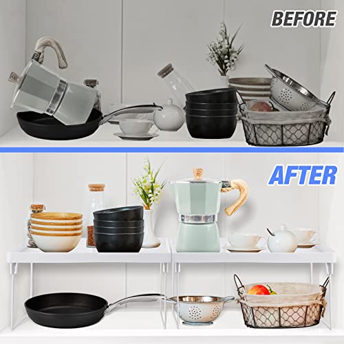 NiHome 4-Pack Stackable Plastic Kitchen Storage Shelf Foldable Rack, White | Stackable Kitchen Cabinet Organizer and Storage Shelves, Expandable Storage Racks for Counter Cabinet Pantry