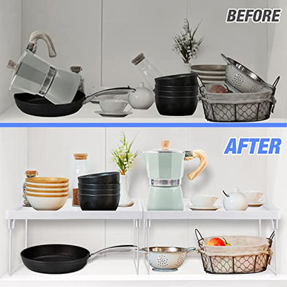 NiHome 4-Pack Stackable Plastic Kitchen Storage Shelf Foldable Rack, White | Stackable Kitchen Cabinet Organizer and Storage Shelves, Expandable Storage Racks for Counter Cabinet Pantry
