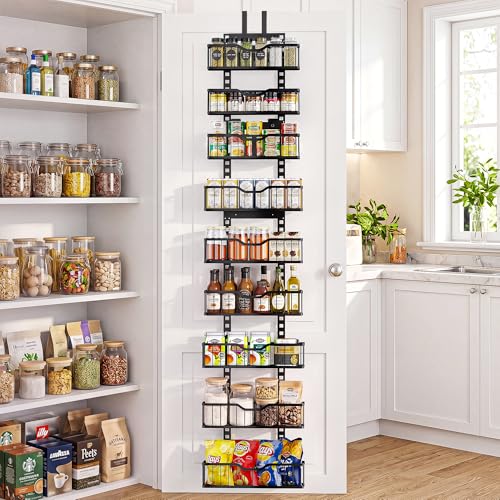 EVERIE Over the Door Pantry Organizer, 9-Tier Heavy Duty Door Storage Rack with Solid Bottom Baskets, Stable No-Bumping Design, Adjustable Hanging Shelves for Kitchen Pantry - color: Black