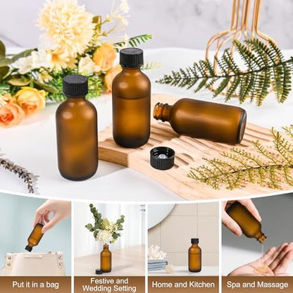 Small Glass Bottles with Lids Boston Round Shot Bottles for Health, Immunity, Ginger Juice, Essential Oils, Potion - Leak Proof Mini Travel Containers (Amber Frosted, 2oz-24Pack) - color: Amber Frosted, size: 2oz-24Pack