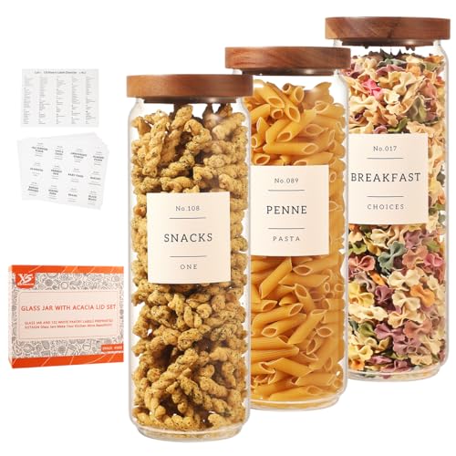 3 Pack Glass Canisters with Airtight Acacia Lids and 132 Kitchen Pantey Labels Preprint - 45 Fl Oz Borosilicate Glass Pantry Storage Jars Containers with Wooden Lids for Tea,Sugar,Cookie,Coffee,Nuts - size: 45oz-3 Pack