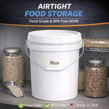MKS Plastics 5-Gallon Bucket with Airtight Lid – Made in USA, Food Grade BPA Free Plastic, Heavy Duty Multi-Use, Metal Handle with Grip, Stackable Storage – White, 1 Pack - color: 5 Gallon - White, size: 1