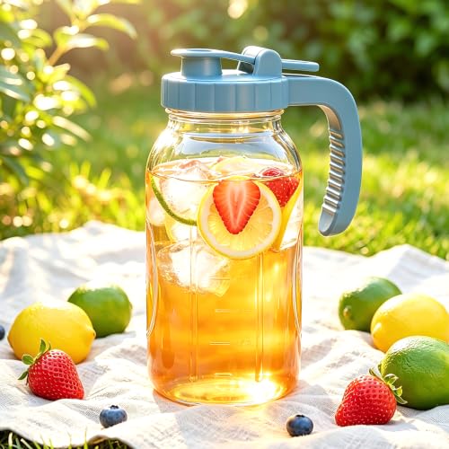 Mason Jar Pitcher 64 Oz With Pour Spout Lid Wide Mouth Glass Water Pitcher | Airtight & Leakproof Water Jug With Ergonomic Handle And Flip Cap Lid For Iced Tea Cold Brew Coffee Juice Lemonade Beverages - color: 64 OZ
