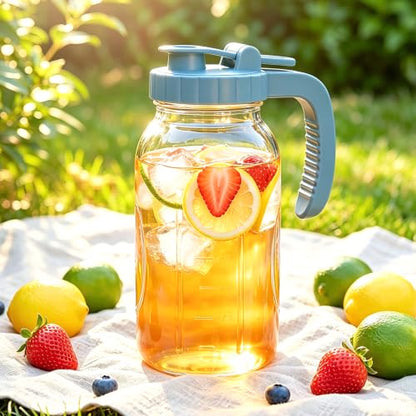 Mason Jar Pitcher 64 Oz With Pour Spout Lid Wide Mouth Glass Water Pitcher | Airtight & Leakproof Water Jug With Ergonomic Handle And Flip Cap Lid For Iced Tea Cold Brew Coffee Juice Lemonade Beverages - color: 64 OZ