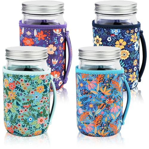 KJQJLY 4 Pcs Mason Jars Sleeves Neoprene 32oz Regular and Wide Mouth Mason Jar Sleeves Holder with Handle (Flowers, 32 OZ) - color: Flowers, size: 32 OZ