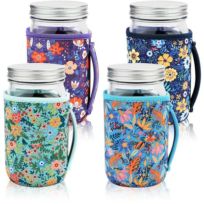 KJQJLY 4 Pcs Mason Jars Sleeves Neoprene 32oz Regular and Wide Mouth Mason Jar Sleeves Holder with Handle (Flowers, 32 OZ) - color: Flowers, size: 32 OZ