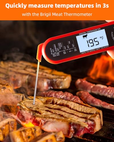 Brigii Meat Thermometer, Instant Read Digital Thermometer-Waterproof/Backlight, 43in Extended Probe and Folding Probe, Oven-Safe Design, Kitchen Food Thermometer for Deep Fry, Grilling, BBQ