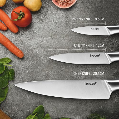 hecef Silver Kitchen knife set of 3, Satin Finish Blade with Hollow Handle, includes 8" Chef, 5" Utility and 3.5" paring knife - style: 3 PCS