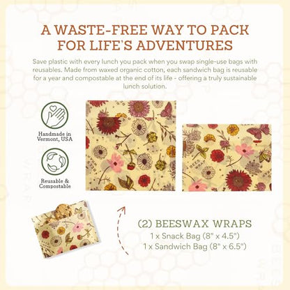 Bee's Wrap Beeswax Wraps for Food - Meadow Magic Sandwich Bag & Snack Bag, Made in USA Reusable & Organic Food Wraps, Sandwich Wrap - Plastic Free Eco-Friendly Alternative to Aluminum Foil