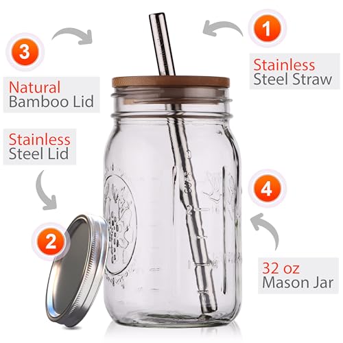 Reusable Boba Bubble Tea & Smoothie Cups - 2 Glass Wide Mouth 32 oz Mason Jars with Bamboo Lids - 2 Reusable Silver Stainless Steel Boba Straws