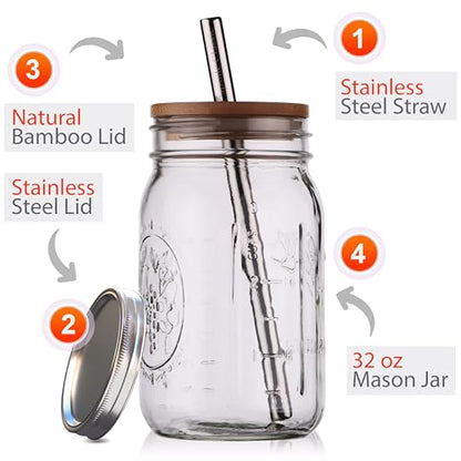 Reusable Boba Bubble Tea & Smoothie Cups - 2 Glass Wide Mouth 32 oz Mason Jars with Bamboo Lids - 2 Reusable Silver Stainless Steel Boba Straws