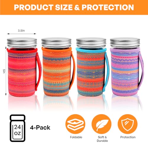KJQJLY 4 Pcs Mason Jars Sleeves Neoprene 16oz and 24oz 32oz Regular and Wide Mouth Mason Jar Sleeves Holder with Handle (Desert Sunset, 24 OZ) - color: Desert Sunset, size: 24 OZ