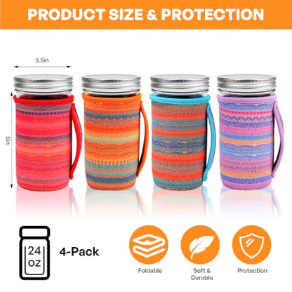 KJQJLY 4 Pcs Mason Jars Sleeves Neoprene 16oz and 24oz 32oz Regular and Wide Mouth Mason Jar Sleeves Holder with Handle (Desert Sunset, 24 OZ) - color: Desert Sunset, size: 24 OZ
