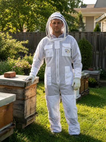 MS Breathable Ventilated 3Layers Beekeeping Suit with Fencing Veil & Protective Gloves – Full Body Beekeeper Suit - color: White, size: XX-Large