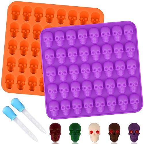 Sakolla 2 Pack Gummy Skull Candy Silicone Molds 40 Cavity Silicone Skull Molds with 2 Droppers for Halloween Chocolate, Candy,Jelly, Wax Melt, Dog Treats, Ice Cube - color: Mini Skull 40 Cavity/Purple&Orange