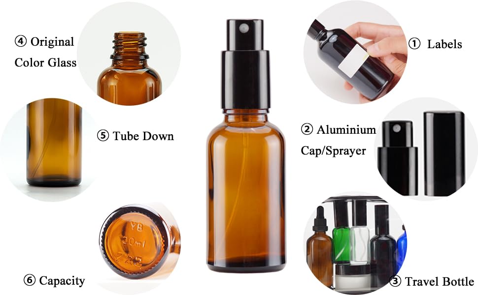 YIZHAO Amber Glass Spray Bottles 1oz, with Small Fine Mist Spray, Metal Cap, Refillable for Essential Oil,Travel,Cleaning,Perfume,Aromatherapy,Makeup – 6 Pcs - color: Amber, size: 30ml-6