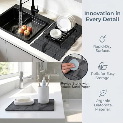 Large Stone Dish Drying Mat for Kitchen Counter, Quick Dry Stones Dishes Mats, Foldable Water Absorbing Diatomaceous Earth Drying Pad for Plate Rack Bottles Utensils (Dark Gray 24"×16" & 8"x4")