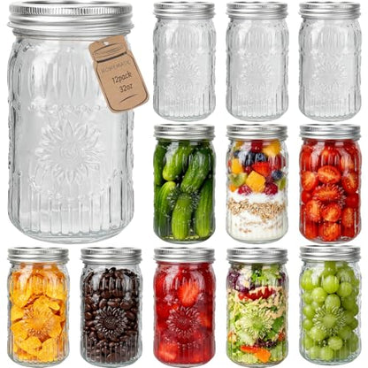 CycleMore Wide Mouth Mason Jars 32oz, 12Pack Glass Canning Jars with Metal Airtight Lids and Bands, 1Quart Large Food Canister forJam Making, Pantry Organization & Party Decor - size: SunFlower - 32oz - 12 Pack