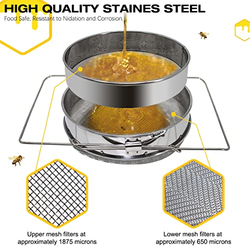 MayBee Double Sieve Honey Harvesting Kit for Beekeepers, Beekeeping Starter Kit Set of 5, Double Sieve Honey Strainer Stainless Steel, Frame Grip, Uncapping Fork, Honey Gate, Honey Filter Bag