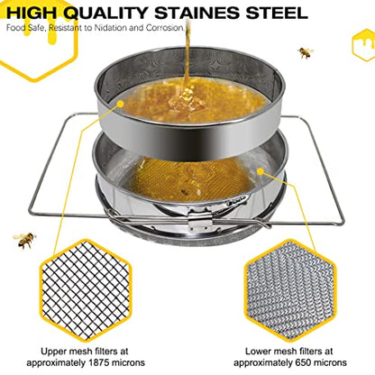 MayBee Double Sieve Honey Harvesting Kit for Beekeepers, Beekeeping Starter Kit Set of 5, Double Sieve Honey Strainer Stainless Steel, Frame Grip, Uncapping Fork, Honey Gate, Honey Filter Bag