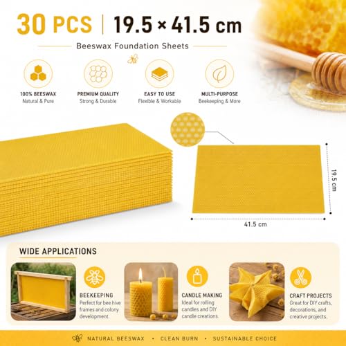 Bee Hive Foundation Sheets - 30 Pcs Pure Beeswax Comb Foundation 7.68 x 16.34 Inch, Beekeeping Supplies for Langstroth Hive Frames, Increases Honey Production & Colony Development