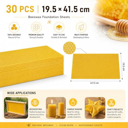 Bee Hive Foundation Sheets - 30 Pcs Pure Beeswax Comb Foundation 7.68 x 16.34 Inch, Beekeeping Supplies for Langstroth Hive Frames, Increases Honey Production & Colony Development