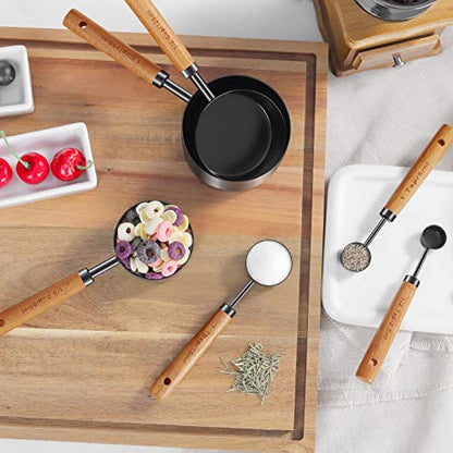 GuDoQi 8Pcs Measuring Cups and Spoons Set, Wooden Handle, Premium Stainless Steel with Metric & US Measurements, Nesting for Dry/Liquid Kitchen/Food/Baking, Black - color: Black