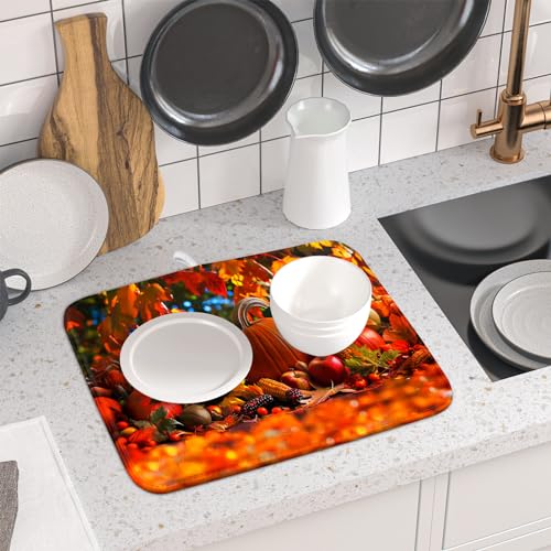 Fall Harvest Pumpkin Dish Drying Mat for Kitchen Counter,Thanksgiving Maple Leaves Sunflower Drying Mat 16 x 18 Inch with Absorbent Reversible Microfiber Dish Drying Pad for Coffee Bar - size: 16" x 18"