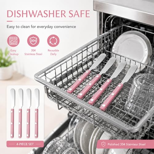 4PCS Stainless Steel Butter Knives Set: 6.3 Inch Cheese Spreader 304 Stainless Steel with Ergonomic Handle for Cheese, Butter & Jam (pink) - color: pink
