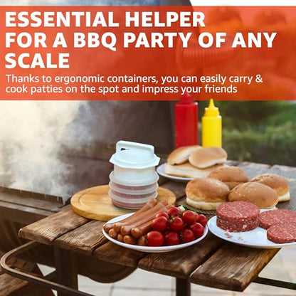 Hamburger Press Patty Maker - 4 in 1, Burger Mold, Patty Press, 10 Storage Containers, 100 Round Papers - Hamburger Patty Maker Tool for BBQ - Burger Shaper for Meat, Veggie Patties